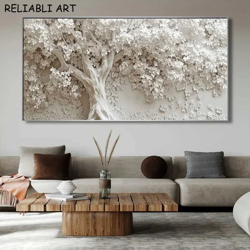 Golden White Flower Tree Poster and Prints Abstract Canvas Painting Wall Art Pictures for Living Room Home Decor No FrameXJ241104