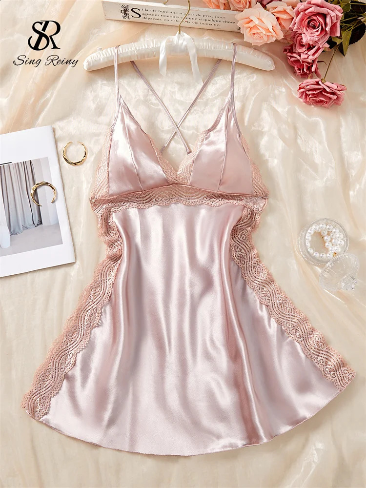 SINGREINY Female Fashion Erotic Backless Sexy Pajamas Cross Camis Sheath Night Dress Women Lace Spliced Club Split 241105