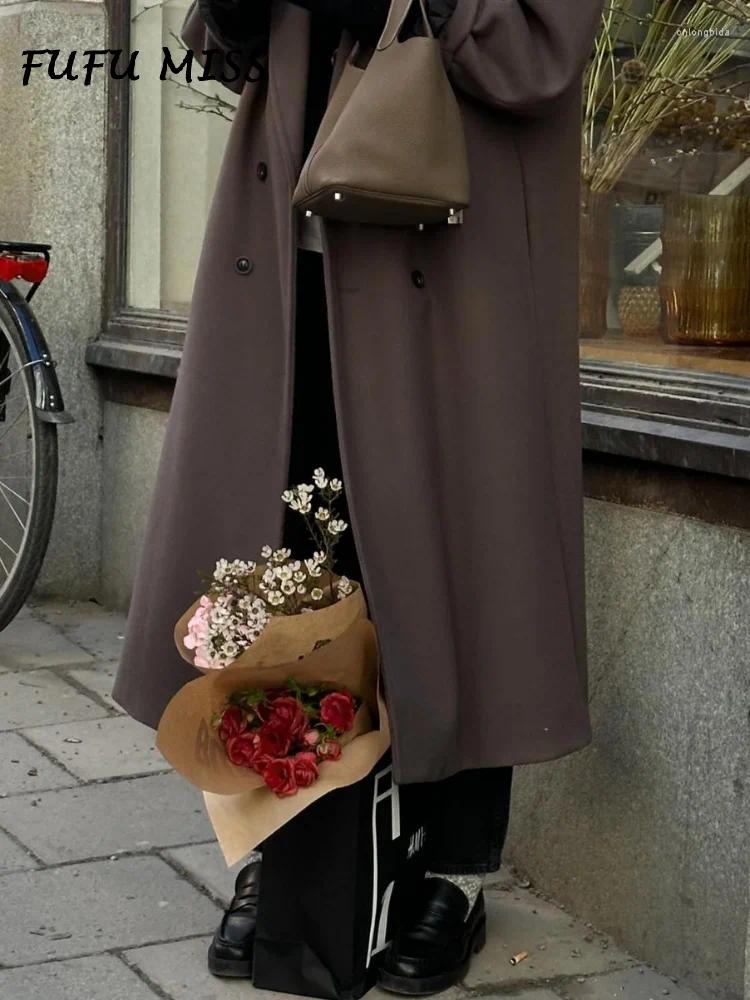 Women's Jackets Solid Woolen Lapel Long Coats For Women Loose Full Sleeve Double Breasted Shoulder Pads Overcoats 2024 Autumn Lady Outwears
