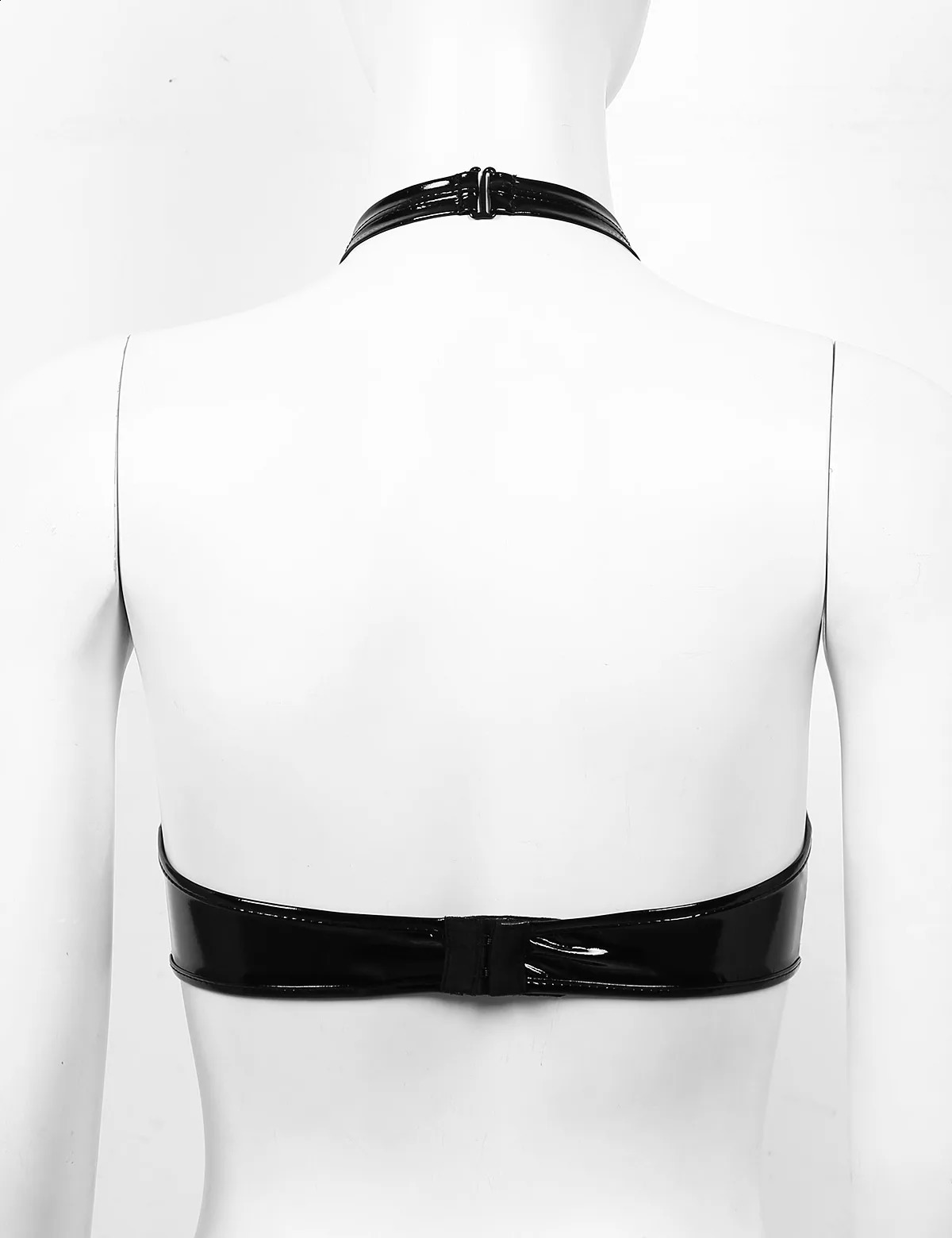 Womens Wet Look Patent Leather Bra Sexy Open Cups Nipple Wirefree Unlined Lingerie Halter Neck Backless Crop Tops Clubwear 241105