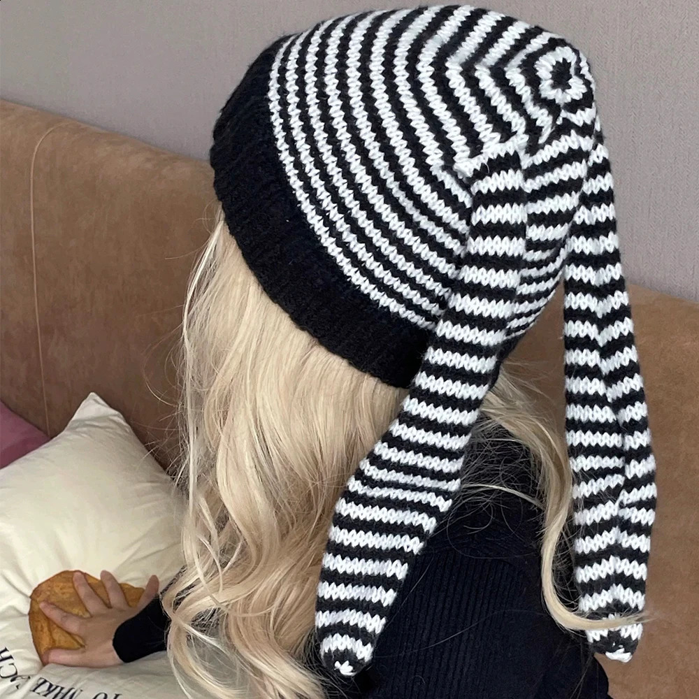 Y2K Beanie Hat Ins Rabbit Ear Devil Striped Knitted Wool Cap Autumn and Winter Crochet Bunny Ears Pointed Pullover Hats 241105