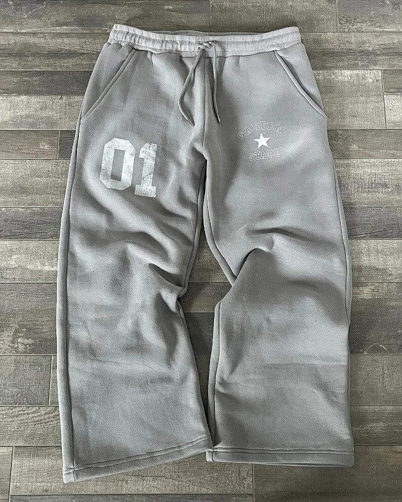 Street vintage print gray pants Men Y2k casual straight for fall Punk High Harajuku Gothic sweatpants 241104
