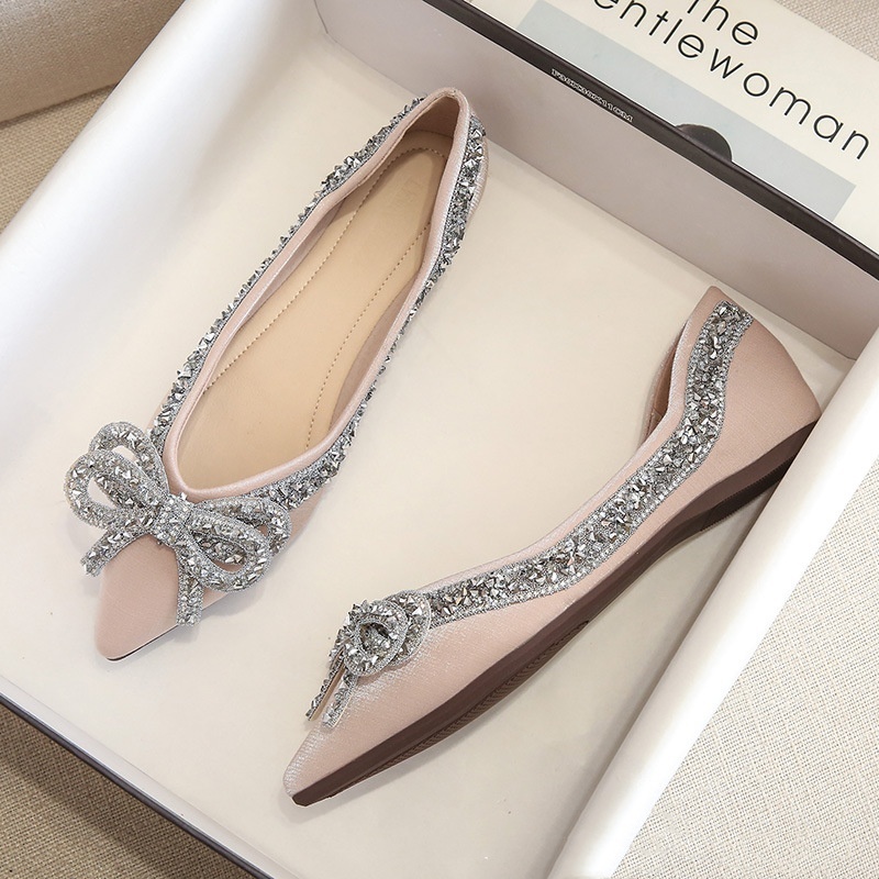 Single Women Flat Bowknot Soft Bottom Shallow Mouth Drill Ladybird Women's Large Size Boat Shoes