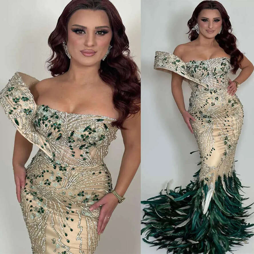 Ebi Illusion Mermaid Aso Prom Dress Beaded Crystals Feather Evening Formal Party Second Reception Birthday Engagement Gowns Dresses Robe De Soiree Zj 