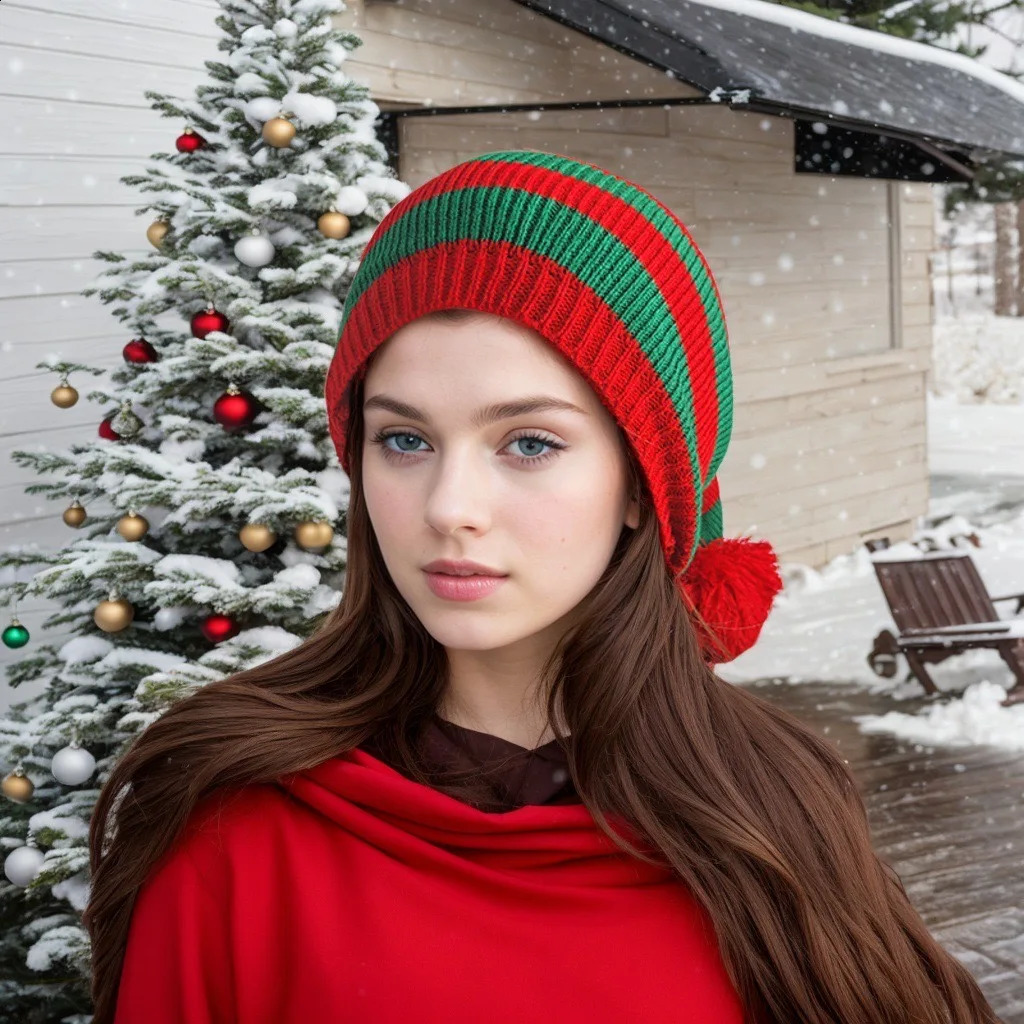 Fashion Adult Christmas Knitted Hat Elf Santa Beanies Claus Red Green Striped Crochet Merry Happy Year 241105