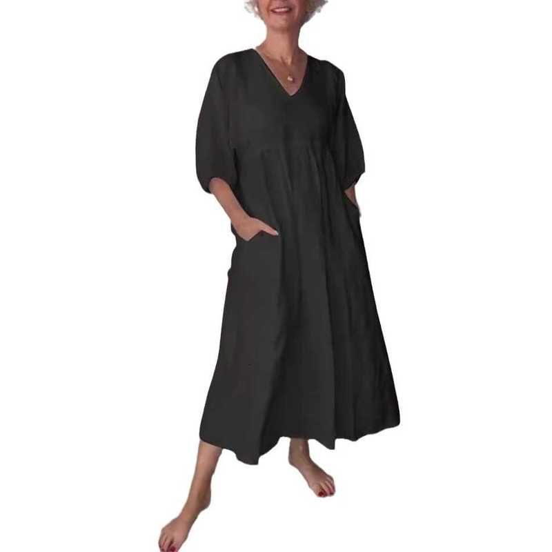 Women Dresses Autumn women's cotton linen deep V-neck pleated solid color casual pocket dress