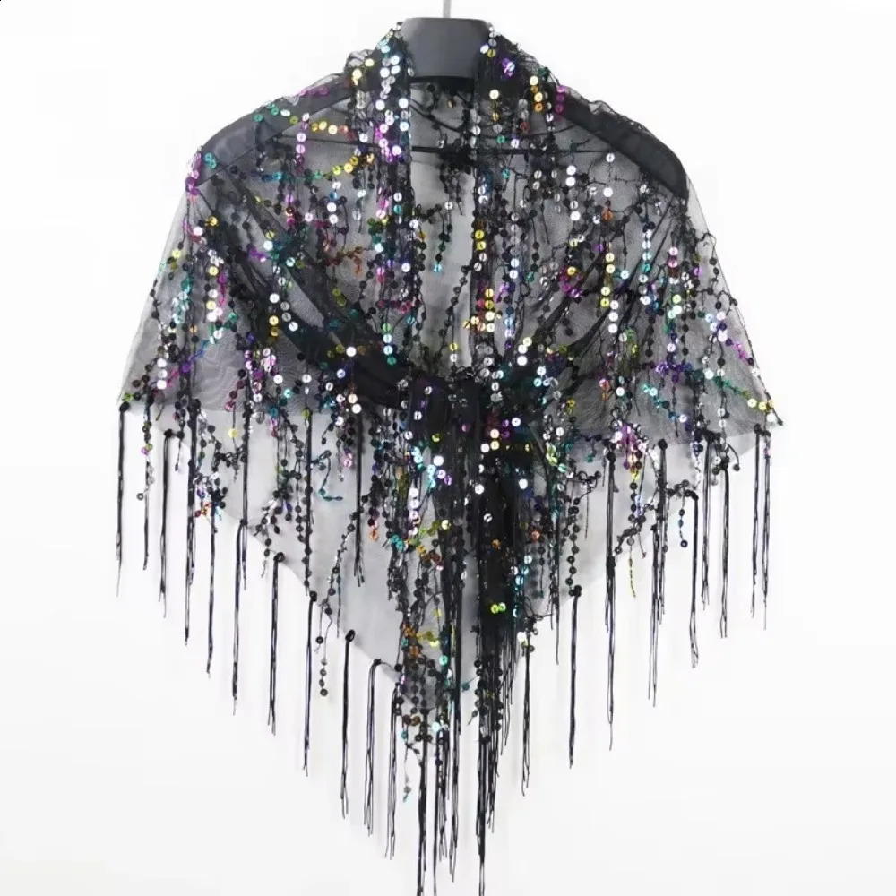 Summer Sequins Tassels Poncho Women Coat Party Outfits Cape Mesh Jacket Ladies Cloak Shawls Casaco Outerwear Wraps Woman Clothes 241105
