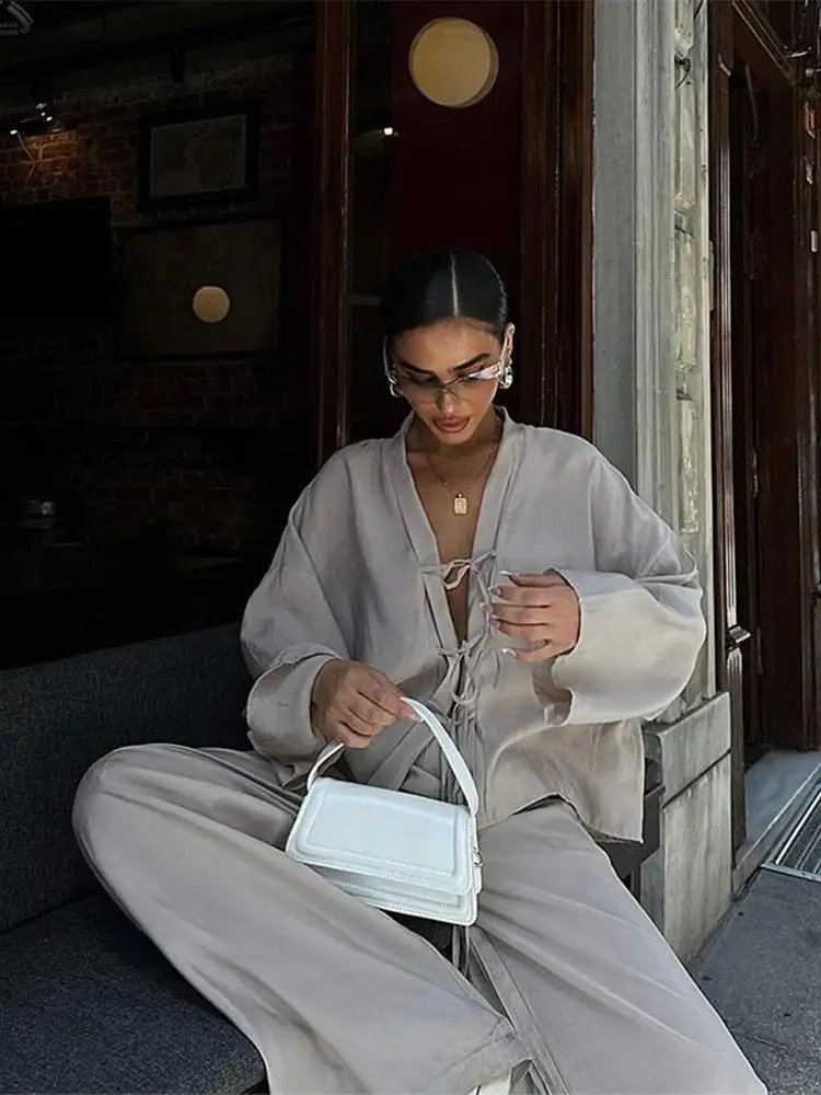 Women Cotton Line Pants Set Long Sleeve Lace Up Hollow Out V-neck Tops Wide Leg Trousers Suit 2024 Casual Lady Loose Outfits 241105