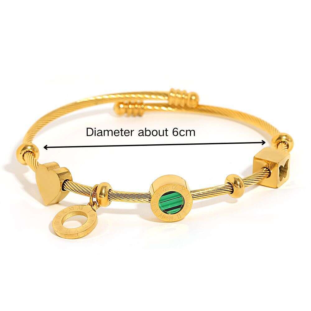 Fashion Stainless Golden Fashion New Hot Jewelry Steel Bangle with Green Stone & Numerals for Women Men Cuff Waterproof Daily Wear Jewelry Gifts