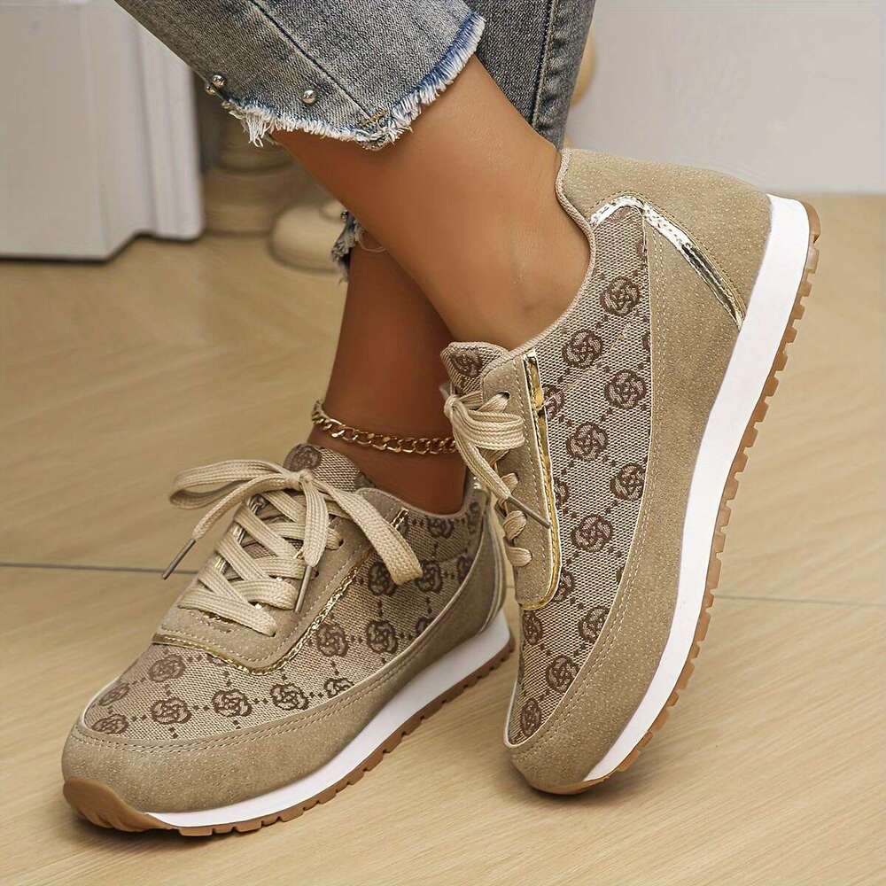 Rose Pattern Low Top Sneakers Breathable, Lace Up, Round Toe, Rubber Sole, Mesh Inner, Fabric Insole - All-Season, Casual, Outdoor Walking Shoes for W