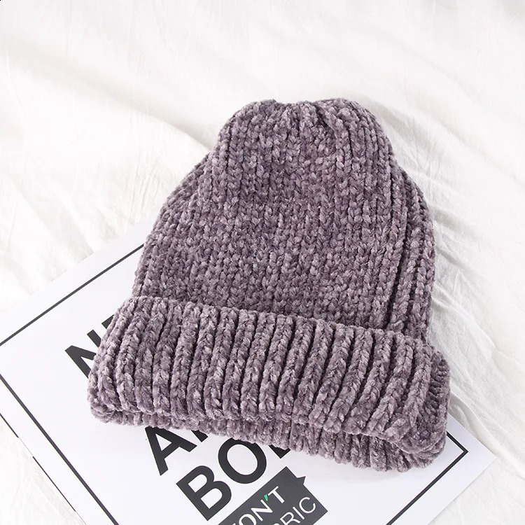 Girl casual cotton thick warm knitting beanies cap Winter Lady women chenille hat Knitted Skullies gorros 241105
