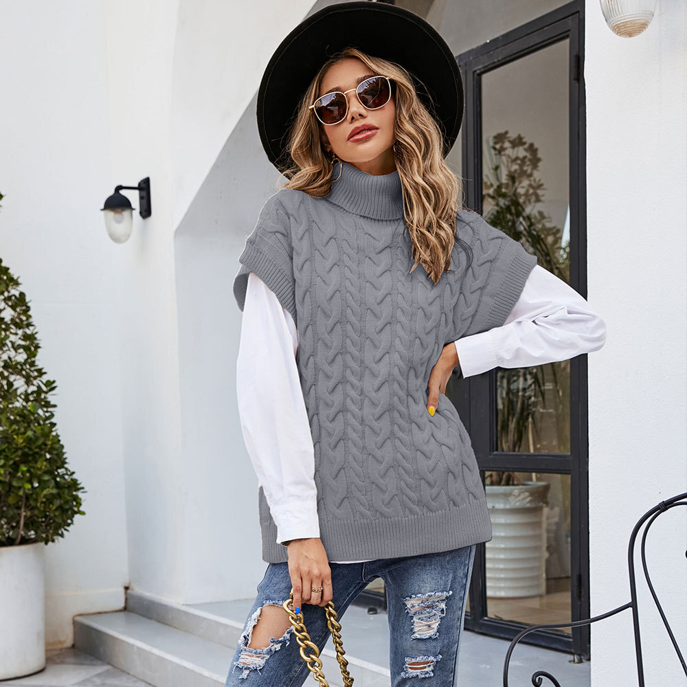 Autumn And Winter Fashionable Sleeveless Button Rope Vest Knitted Loose Pullover High Neck Sweater For Women