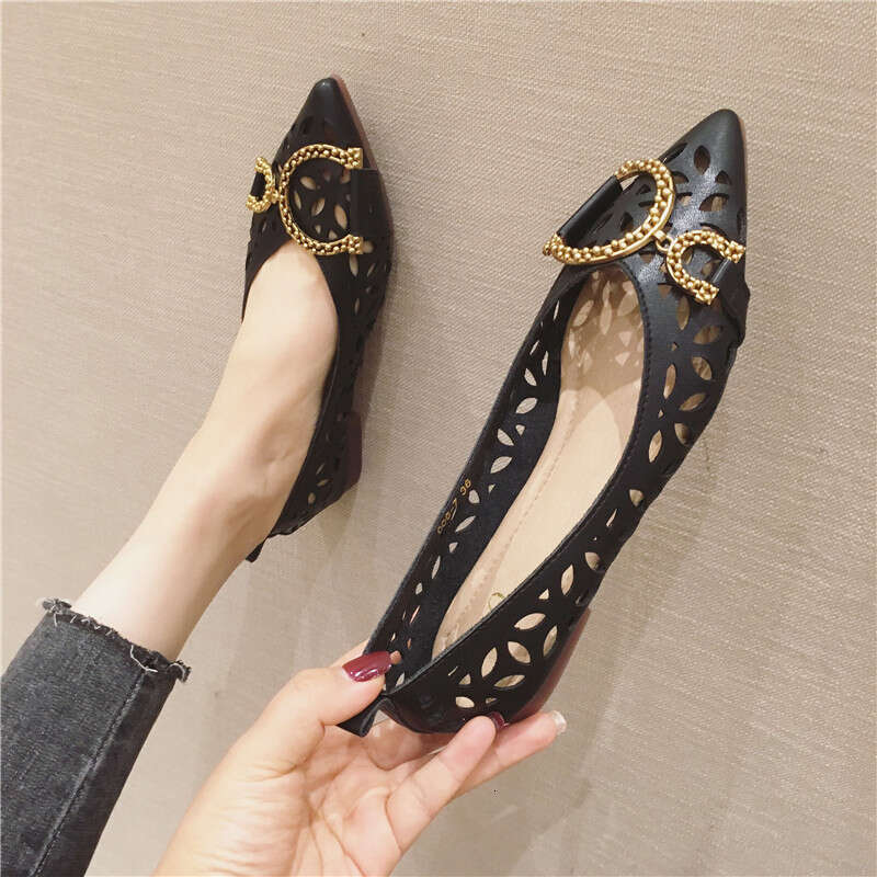 Korean Style Fashionable Versatile Metal Buckle Pointed Shallow Mouth Hollow Flat Bottom Single Order Grandma Breathable Scoop Shoes For Women
