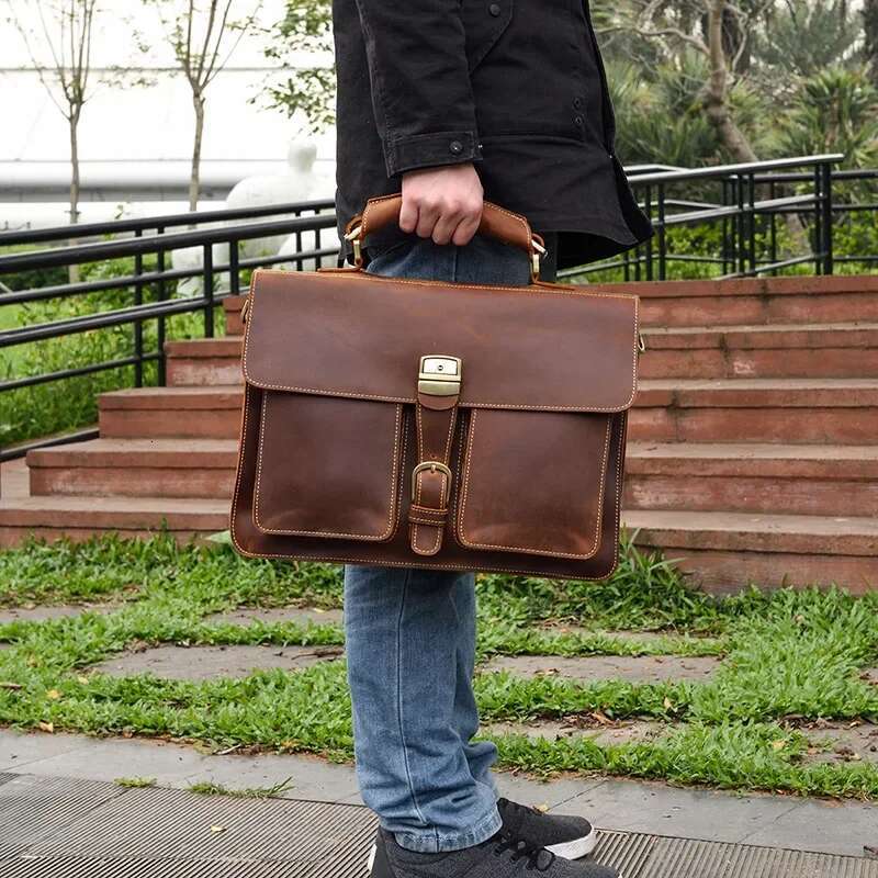 Mens Briefcase Laptop - Genuine Cow Leather Office Tote, Business Travel Messenger, Shoulder Crossbody Bag For Men