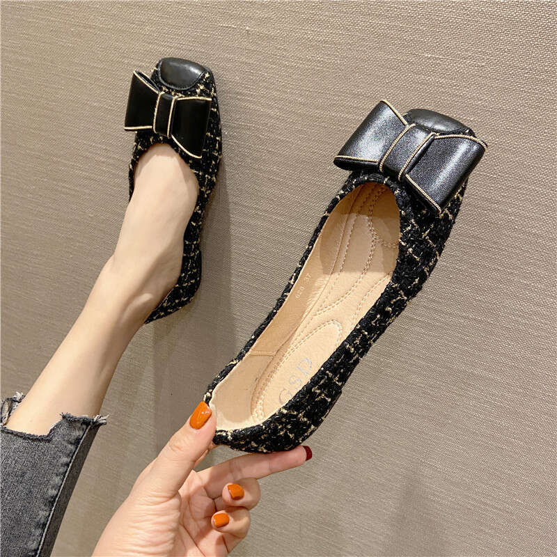 Korean Version Single Shoe 2023 Summer New Women's Flat Bow Shallow Mouth Square Toe Shoes Apricot Cloth Surface