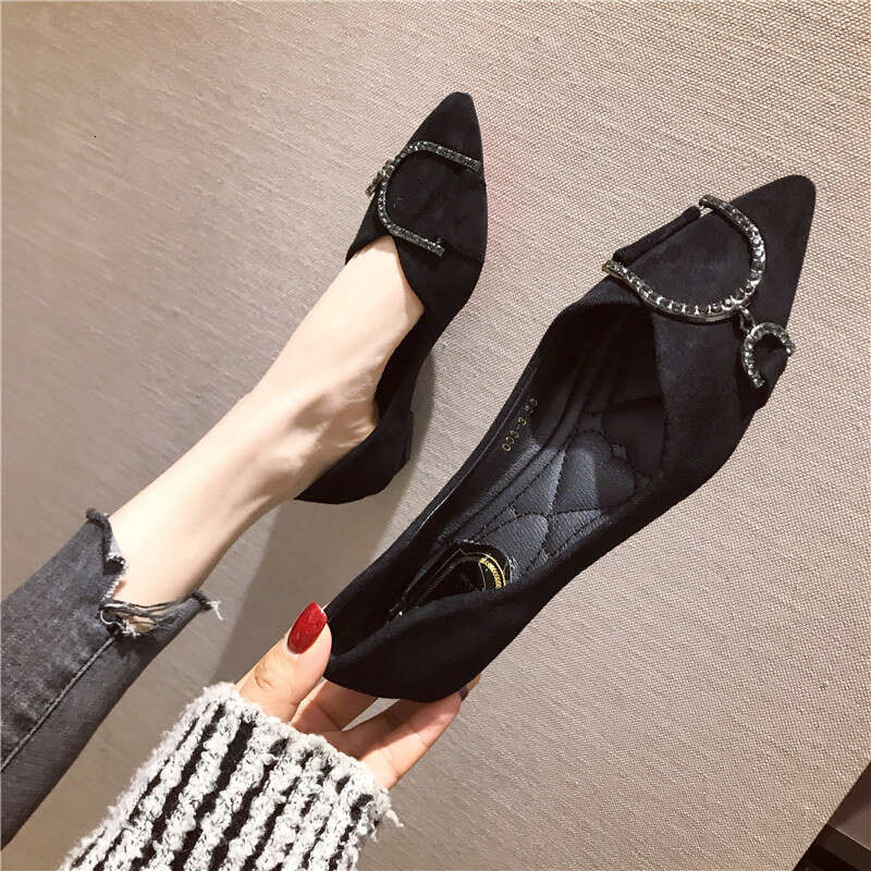 2023 Autumn Fashion Versatile Pointed Shallow Mouth Water Diamond Button Flat Follow For Women 2Cm Black Suede Scoop Shoes