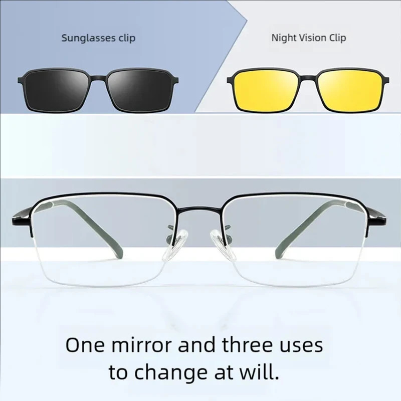 Business Myopia Glasses Frame Mens Half Frame Simple Night And Day Night Vision Sunglasses Magnetic Clip Set Mirror 241105