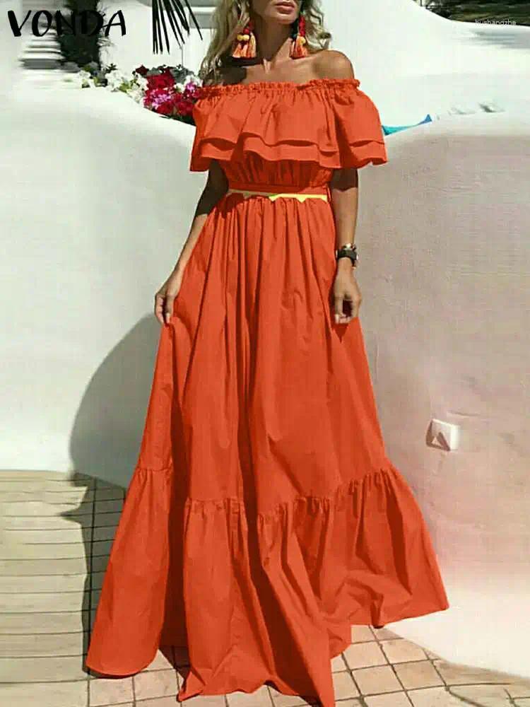 Casual Dresses VONDA Bohemian Women Off Shoulder Maxi Sundress Summer Long Dress 2024 Sexy Short Sleeve Ruffled Robe Party Solid Vestido