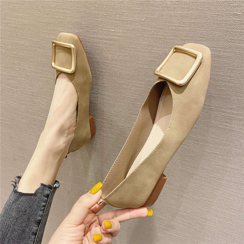 Thick And Low Heeled 2023 Summer New Korean Version Metal Buckle Shallow Mouth Square Toe Women's Soft Sole Evening Single Shoes