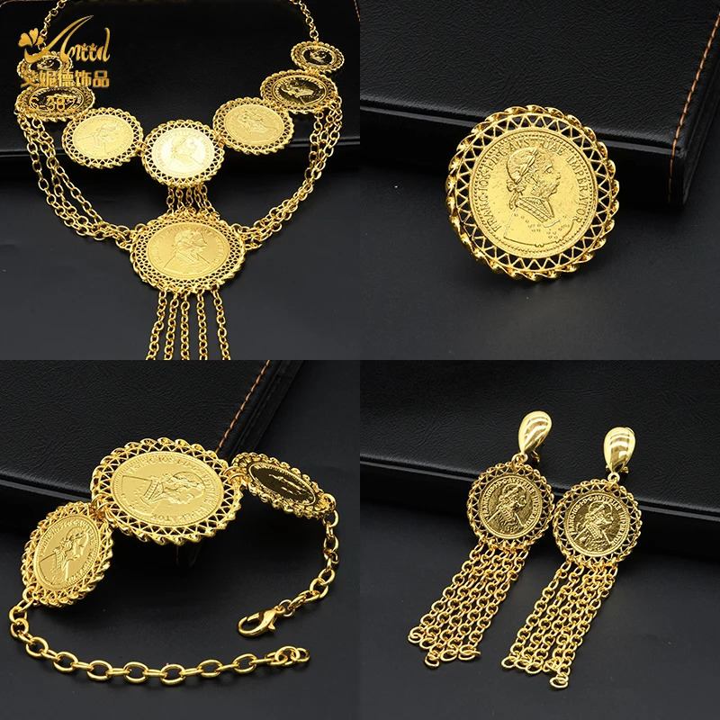 ANIID India Gold Coin Tassel Pendant Necklace Jewelry Set Dubai Party Bridal Wedding Fashion Necklace Set Gift241105