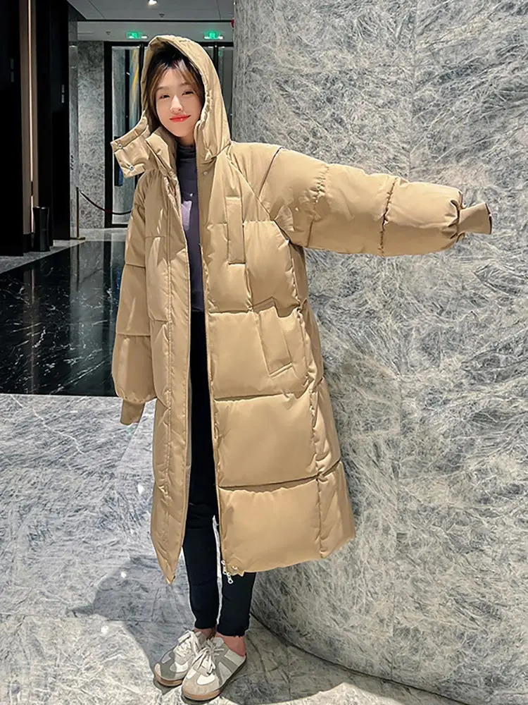 Vielleicht 2024 Korean Jacket Women Winter X-long Parkas Solid Hooded Thicken Warm Female Snow Wear Coat Padded Loose Clothes 241105