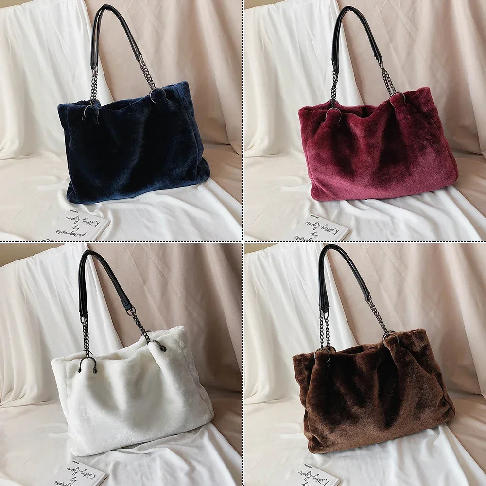 HISUELY Faux Fur Tote Bag Winter Plush Women Shoulder Bag Casual Lady Handbag Female Chain Larger Capacity Travel Shopping Bag 241104