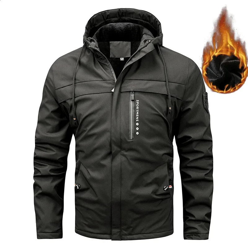 Winter Mens Jacket with Thick Fleece Hooded Outdoor Cotton Windproof Coldproof Casual Outerwear Clothing 241105