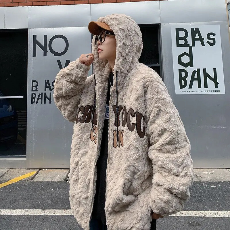 YASUGUOJI Fashion Vitage Embroidery Lamb Wool Fur Coat for Men Winter Thicken Warm Zipper Loose Hooded Cotton Jacket Men 241105