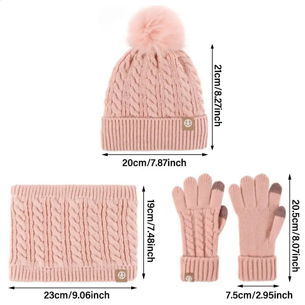 Leisure Knitted Childrens Winter Hat Glove Scarf Set Warm Neck Warm Girl Beanie Hat with Pom Cold Weather 241105
