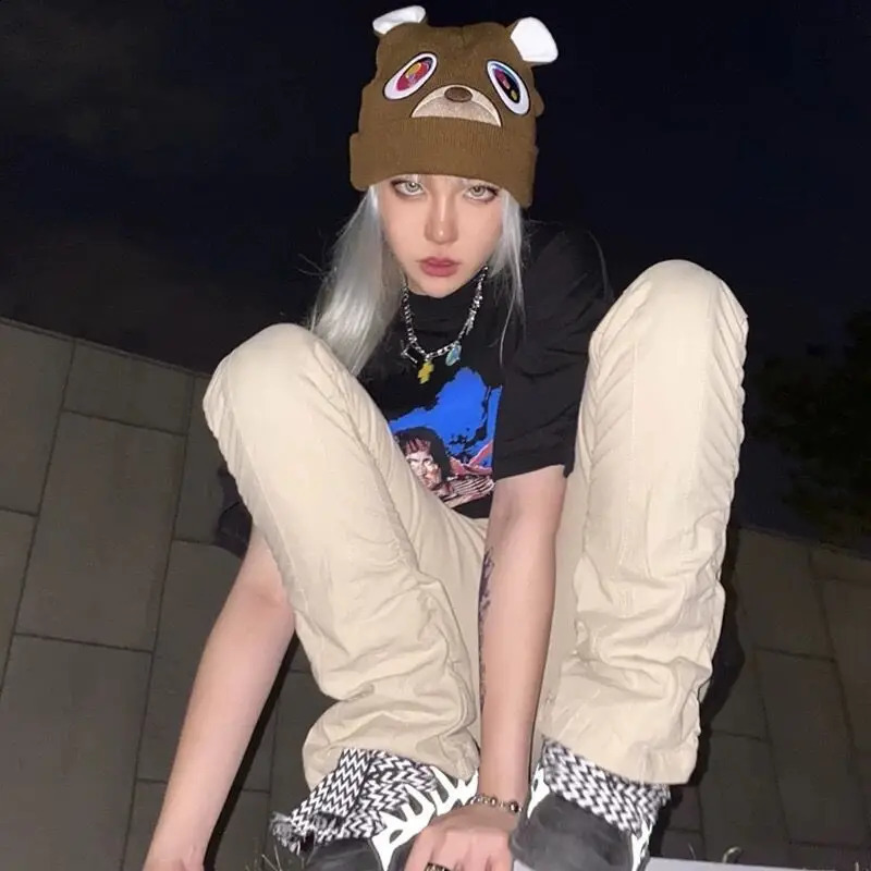 Cute Bear Knit Embroidered Wool Hat Hip Hop Rap Trend Warm Fashion Versatile Hats for Men and Women 241105