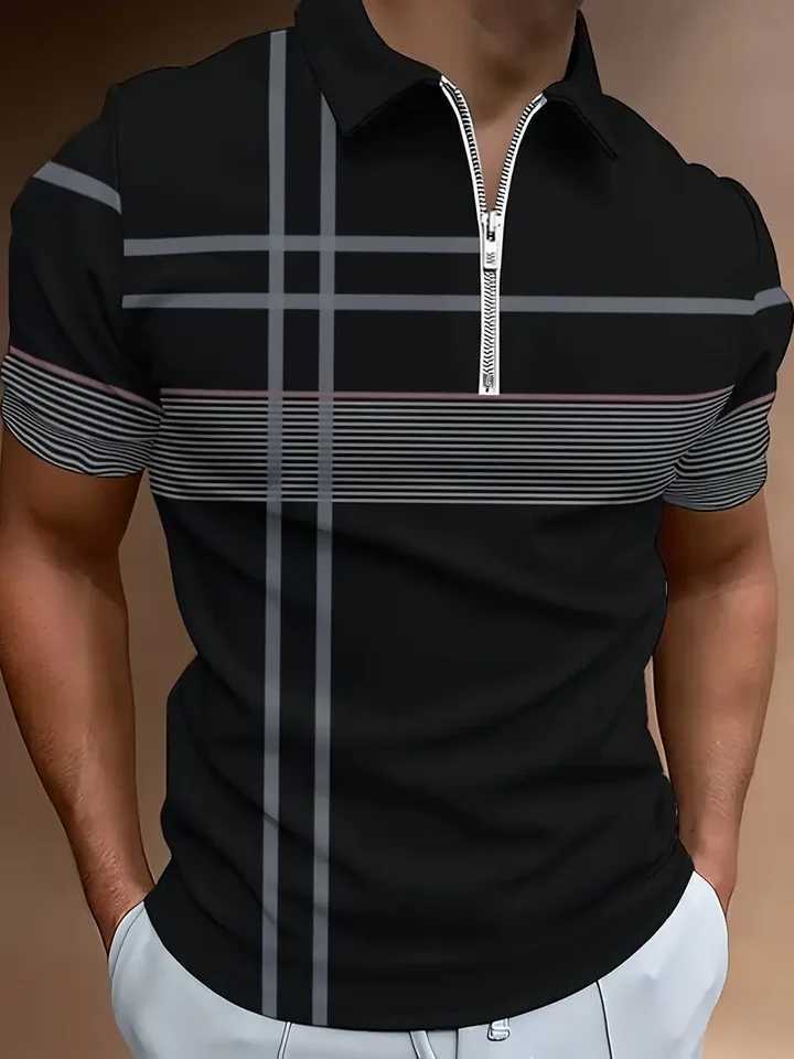 Mens casual breathable short sleeved shirt with collar and zipper fashionable business office summer T-shirt new top W241104