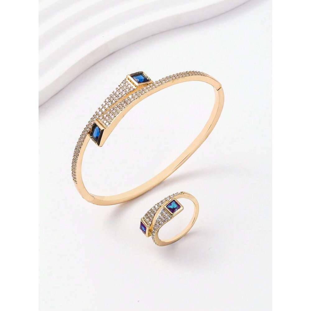 Fashion Hot new New Jewelry women's 1 14K gold plated copper niche design classic Serpentine square Dia bracelet ring set 4K