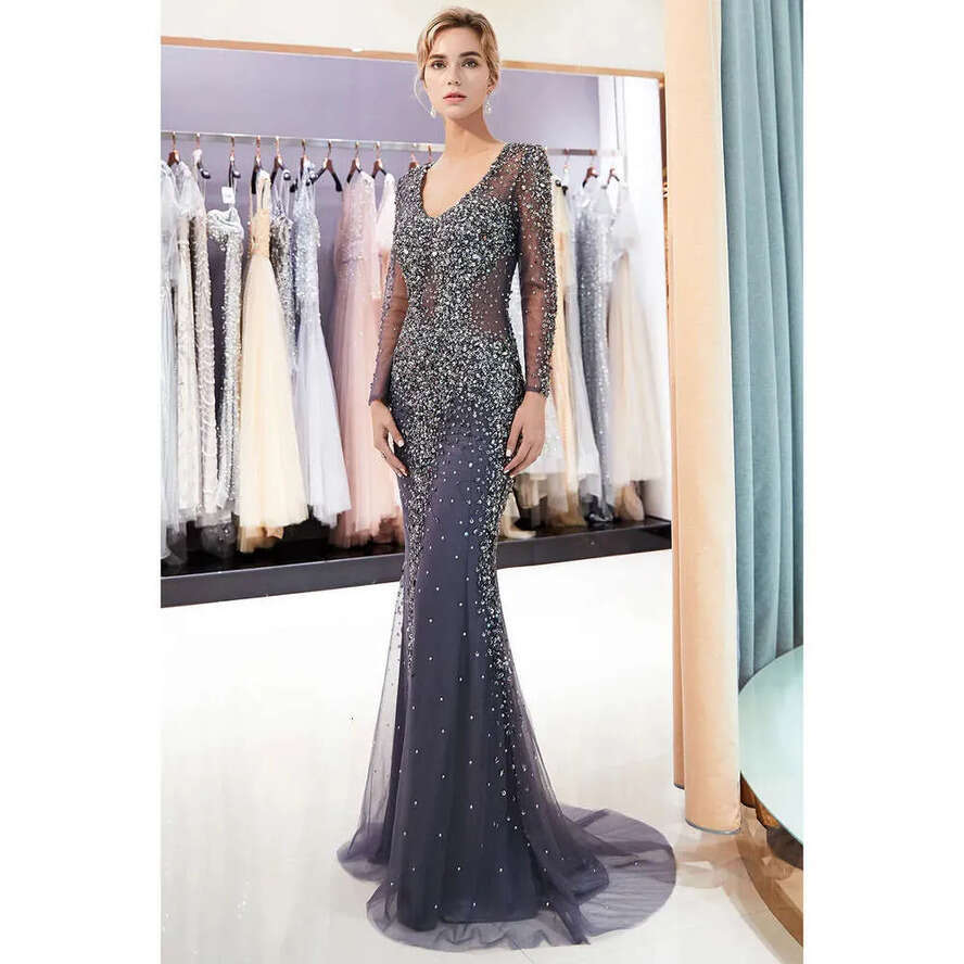 Sleeves V Neck Mermaid Sheer Long Evening Tulle Beaded Sequins Or Length Formal Party Prom Dresses Cps