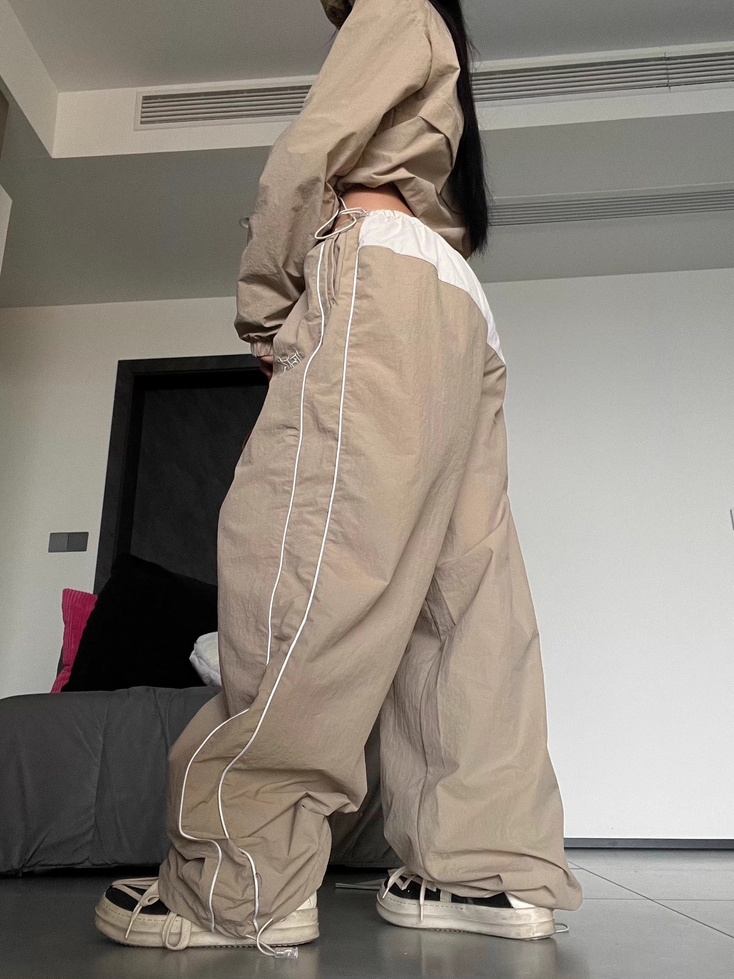 QWEEK Y2k Streetwear Khaki Pants Sets Women Gorpcore Vintage 90S Beige Tracuit Oversized Kpop Fashion Haruku Two Piece Set