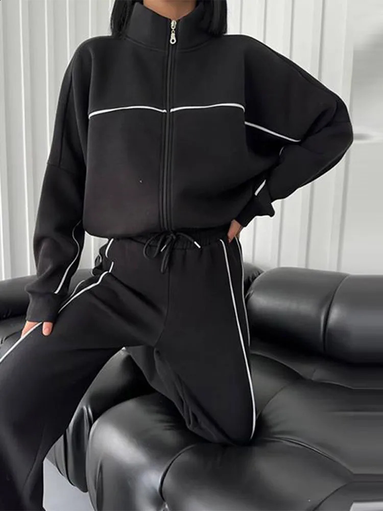 Sport Stripe Sweatshirt Two Piece Set Women White Turtleneck Long Sleeve Elastic Waist Pant Sets Female 2024 Autumn Winter 241105