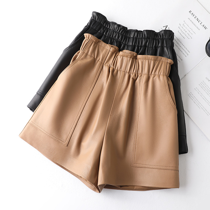 Genien Leather For Women 2024 New Fashion Elestic High Waist Short Pants Female Streetwear Shorts Casual Style