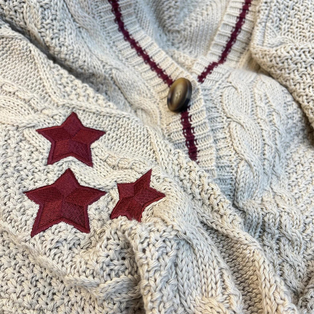 Women Loose Knitted Cardigans Coat Y2K Star Embroidery Sweaters Vintage Purple Streetwear Casual Single Breasted Long Sleeve Top 241105