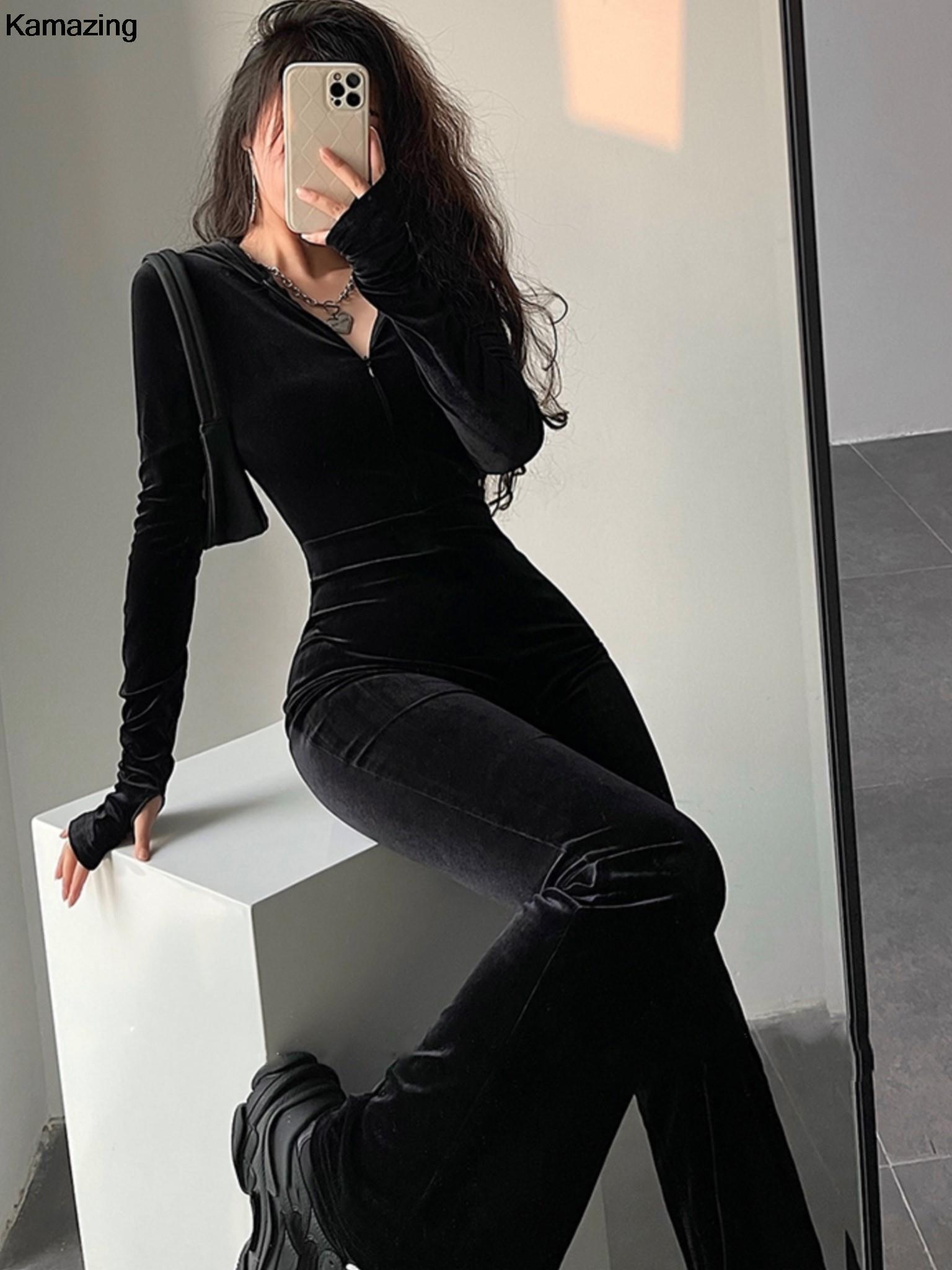 Autumn Sexy Bodycon Black Veet Jumpsuit Women Fashion Hooded Zipper Flare Pants Rompers Vintage Y2k Streetwear Winter Outfits