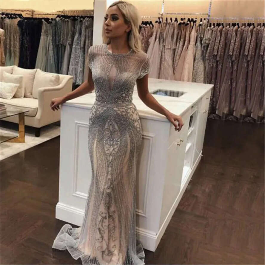 Mermaid Crystals Jewel Bg Sequin Long Evening Short Sleeves Tulle Pageant Dresses Formal Gowns Robe De Soiree Bm