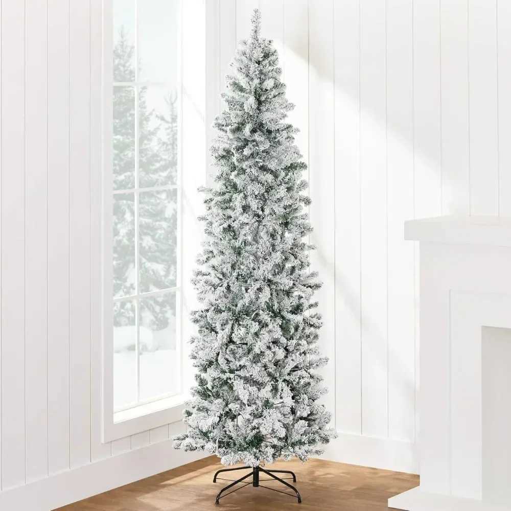 Flocked Pencil Christmas Tree Pre-Lit Slim Artificial Holiday Decoration Lighted Skinny Snowy AppearaXJ241026