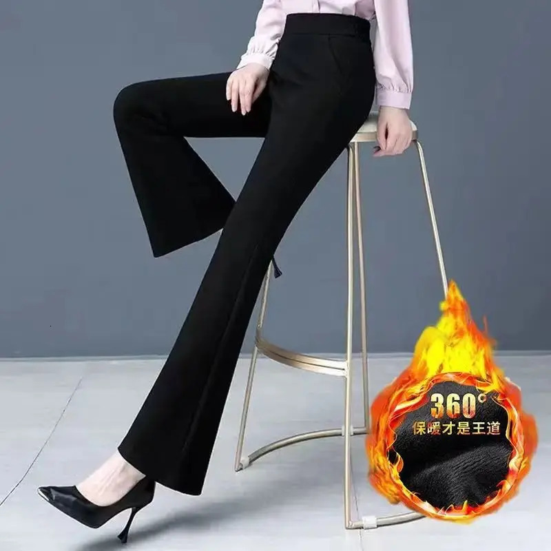 Autumn Winter Womens Korean Fashion Elegant Plush Thick Flare Pants Office Lady Black High Waist Slim Trousers Pantalones 241105