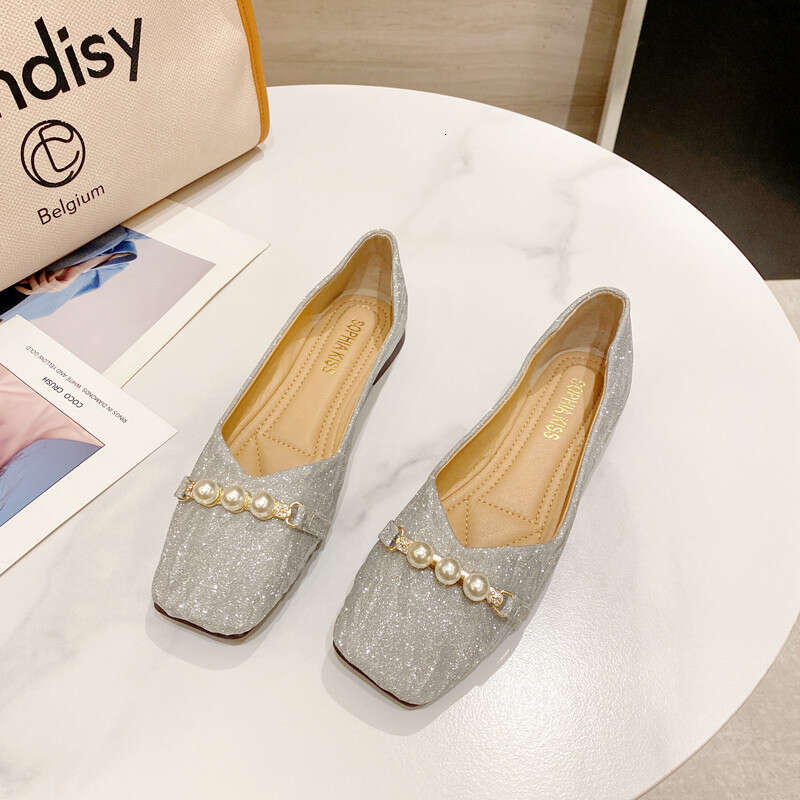 Korean Version Square Toe Shallow Mouth Flat Bottom Single For Women 2023 Summer New Versatile Soft Leather Comfortable Sequined Bean Scoop Shoes