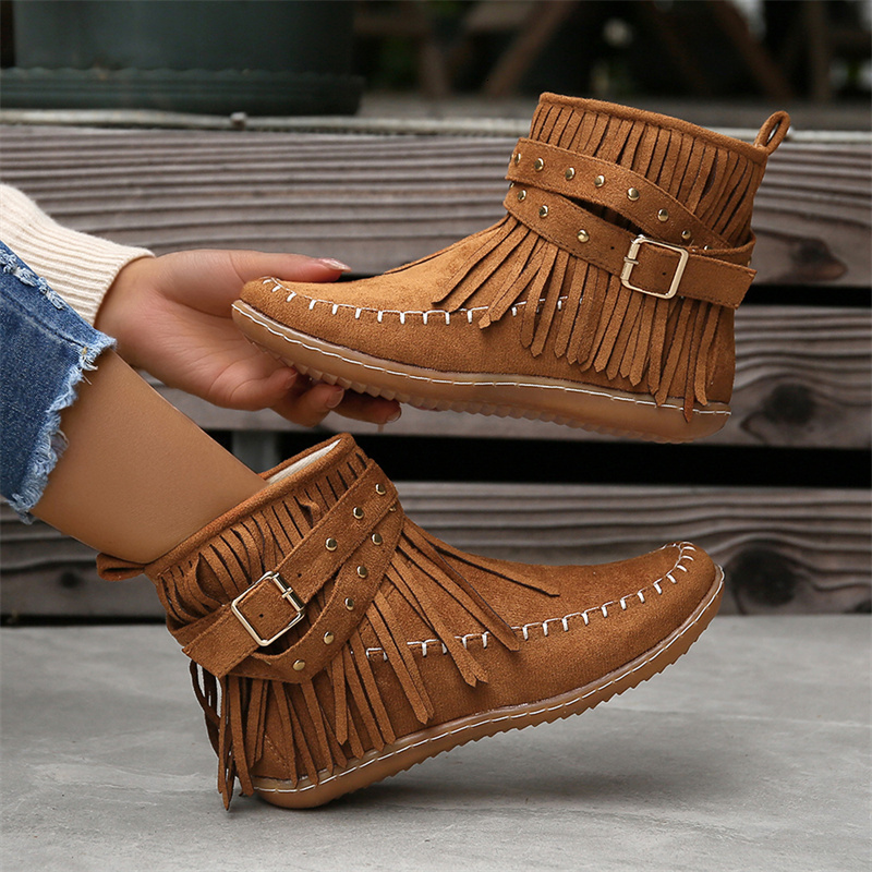 Botines Autumn Flat Heel Ankle Retro Suede Tassel Fashion Round Toe Soft Sole Short Boots Casual Women Shoes