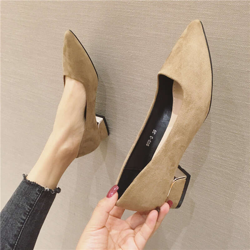 Korean High Heels 2023 Spring And Autumn Edition Suede Versatile Single Coarse Heel Professional Work Women's Black Shoes