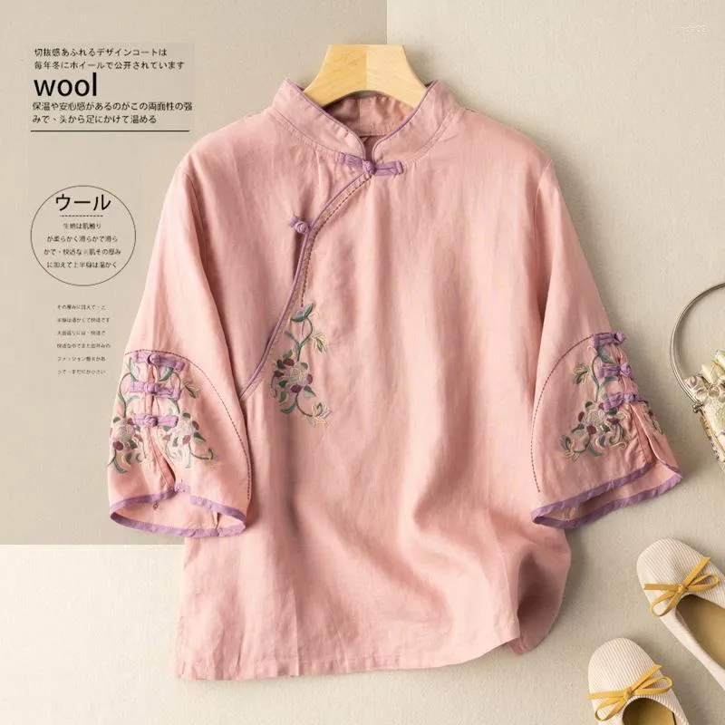 Ethnic Clothing Cheongsam Women's Plus Size Short Tops Summer Cotton Linen Embroidery Splicing Slim Fit Chinese Style Qipao Shirts