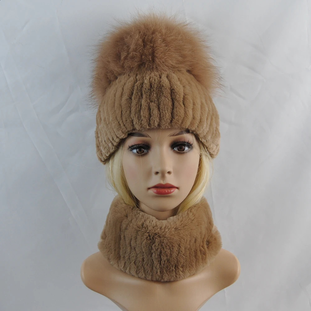 Women Winter y Warm Top Fox Fur Hats Muffler Real Rex Rabbit Hat Scarf 2 Pieces Knitted Cap Scarves 241105