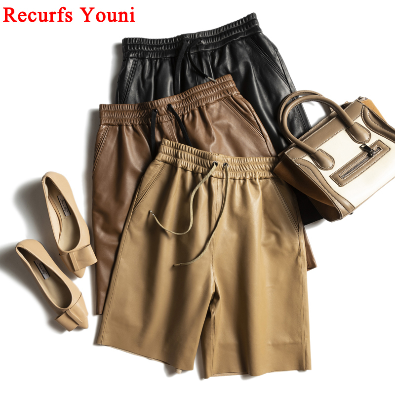 Stylish Leather Pants Women Haruku Soft Skin Bermuda Shorts Elastic Waist Straight Wide Leg Trousers Mujer Baggy Pantalons