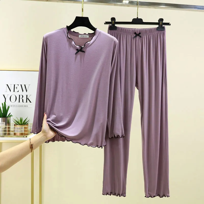 Modal Pajamas suit Spring Autumn Loose Large Size Casual Home Service Long-sleeved Nine-point pants 2-piece Womens Pajamas 241105