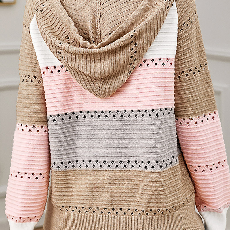 New Style Hooded Jacket Women's Color Blocked Hollow Knitted Casual Versatile Sweater cardigan Autumn Fashion Casual Loose Thick