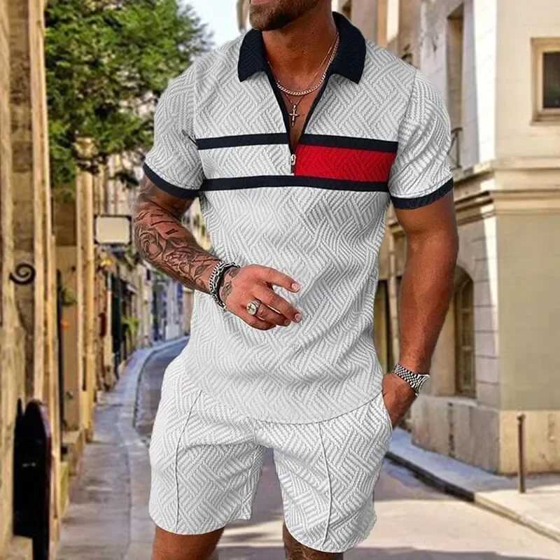 New summer mens fashion trend 3D printed zipper shirt+shorts two-piece set soft and fashionable casual mens track set W241104
